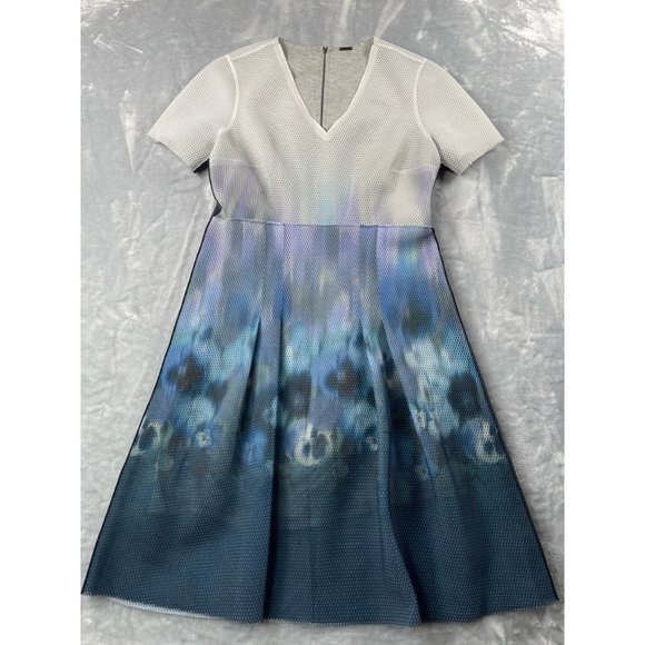Elie Tahari Dress Womens 10 White Blue Watercolor Ombre Mesh Net Hilary A-line - Picture 1 of 16